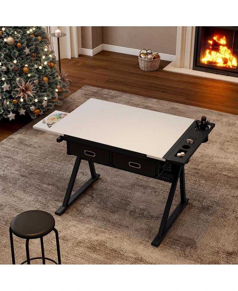 Streamdale Furniture Adjustable Drawing Drafting Table Desk with 2 Drawers & Stool (White)