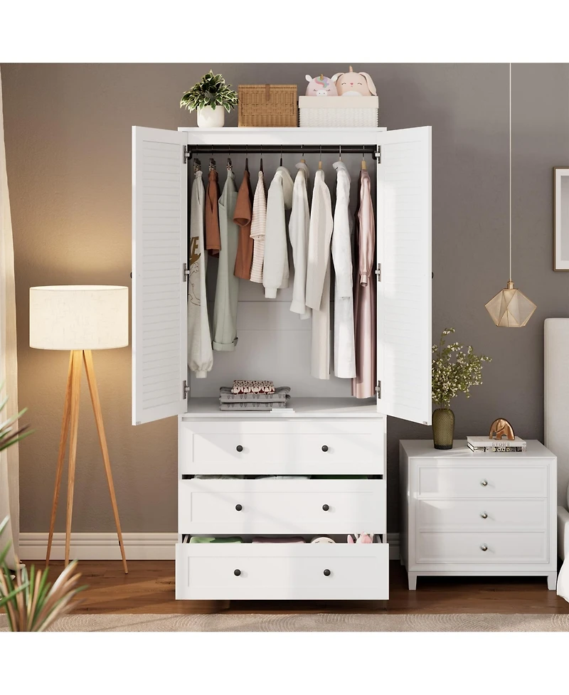 gaomon Armoire Wardrobe Closet with Drawers, 69.5" Wooden Wardrobe Cabinet with Hanging Rod & Doors, White