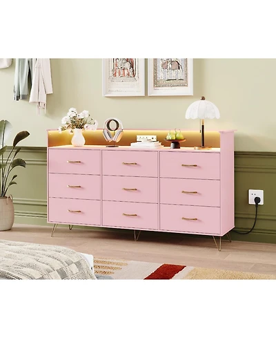 gaomon 9-Drawer Tall Dresser with Rgb Lights & Charging Station, App-Controlled Led Wooden Storage Chest, Pink