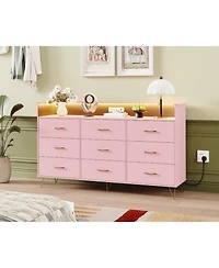 gaomon 9-Drawer Tall Dresser with Rgb Lights & Charging Station, App-Controlled Led Wooden Storage Chest, Pink