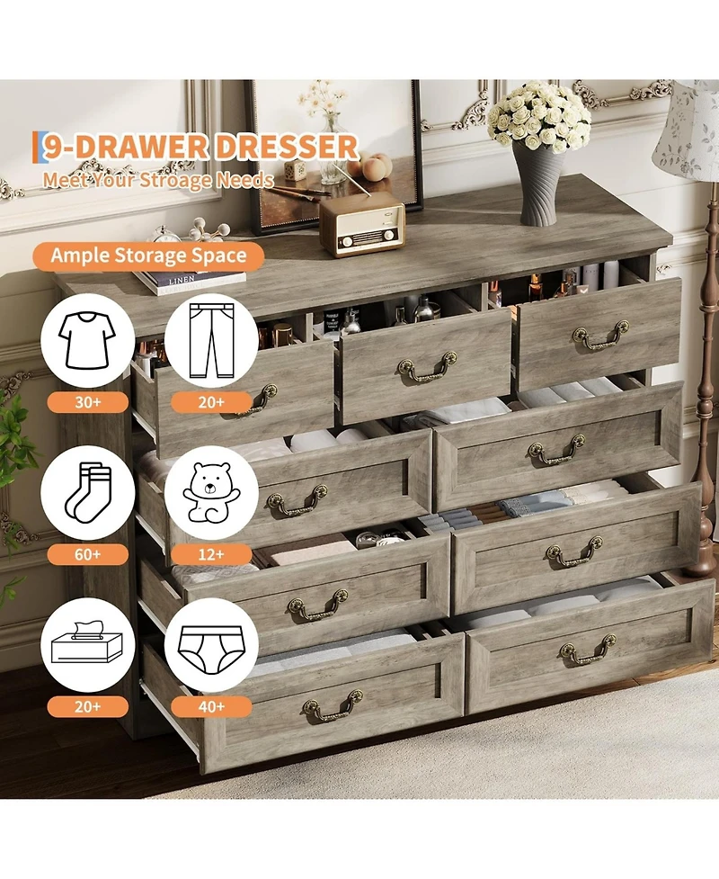 gaomon Farmhouse 9-Drawer Dresser, Rustic Vintage Chest with Natural Texture, Spacious Storage Organizer