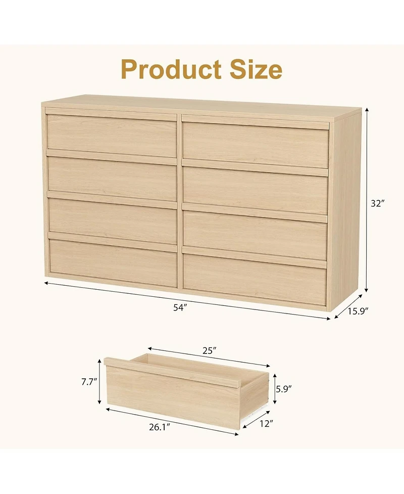 gaomon 8-Drawer Dresser for Bedroom, 54" Wide Natural Oak Double Chest with Large Storage, Beige