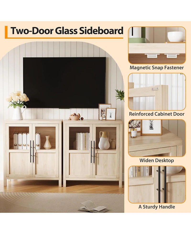 gaomon Sideboard Cabinet with 2 Glass Doors and Drawers, 29" Buffet with Solid Wood Top