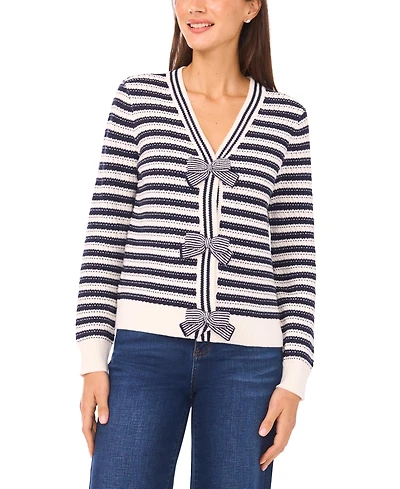CeCe Women's Ribbon-Trim Striped Long-Sleeve Sweater