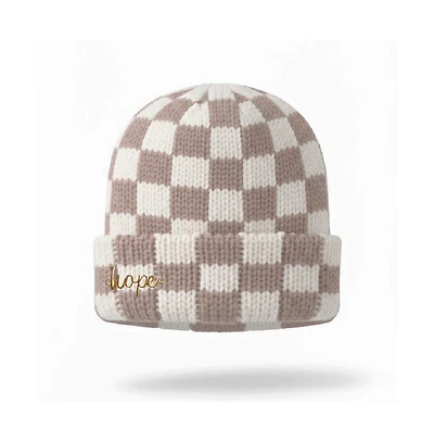 Headbands of Hope Women's Two-Tone Checkerboard Knit Beanie - Cream + Brown