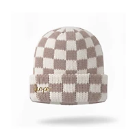 Headbands of Hope Women's Two-Tone Checkerboard Knit Beanie - Cream + Brown