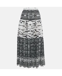 Pre-Owned Roberto Cavalli Women's Grey Printed Silk Maxi Skirt