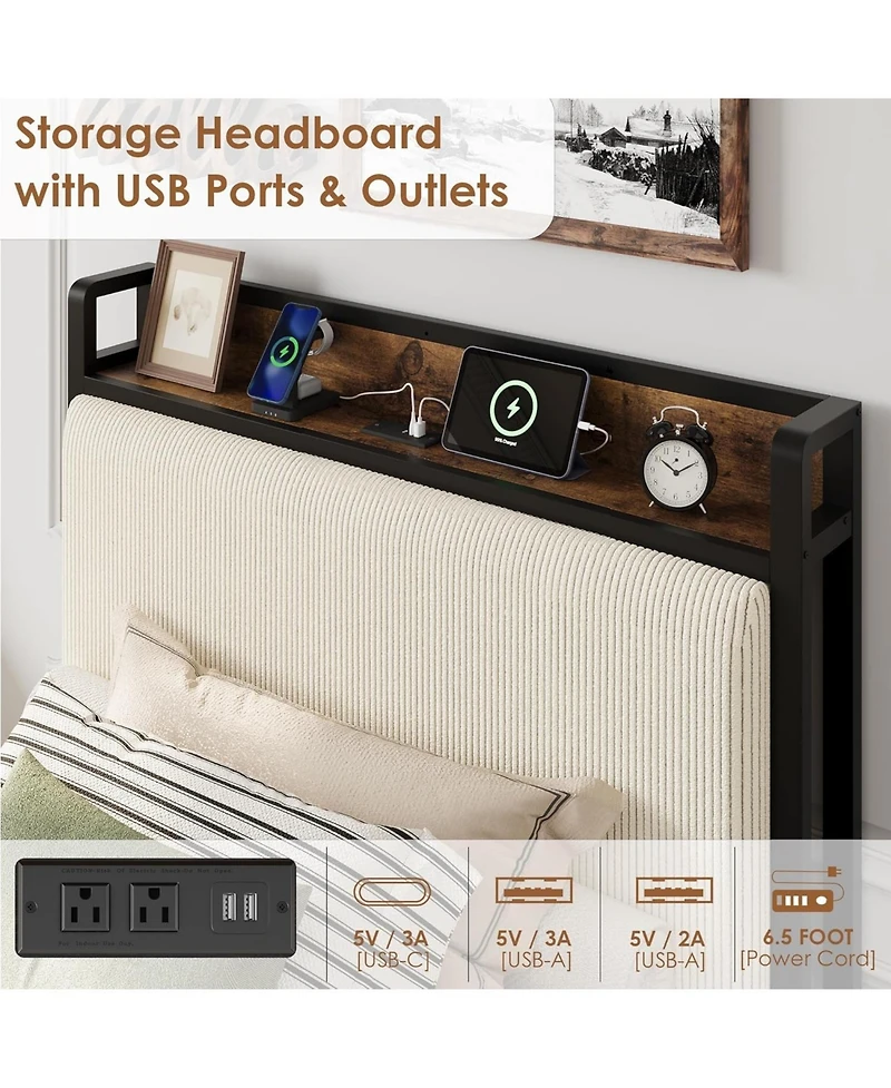 gaomon Twin Size Upholstered Platform Bed Frame with Storage Headboard and Charging Station, Corduroy Fabric Bed with 2 Rolling Drawers