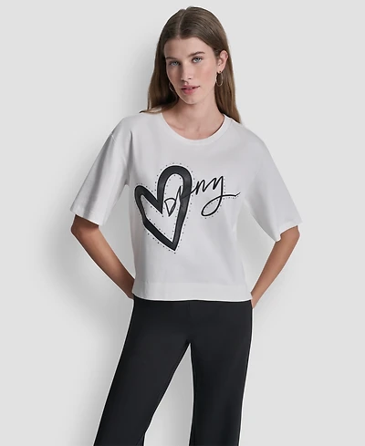 Dkny Women's Short-Sleeve Heart Script Logo Crew Neck Shirt