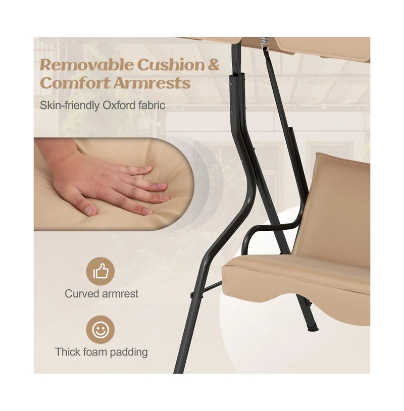 3 Seat Outdoor Patio Canopy Porch Swing with Cushioned Steel Frame