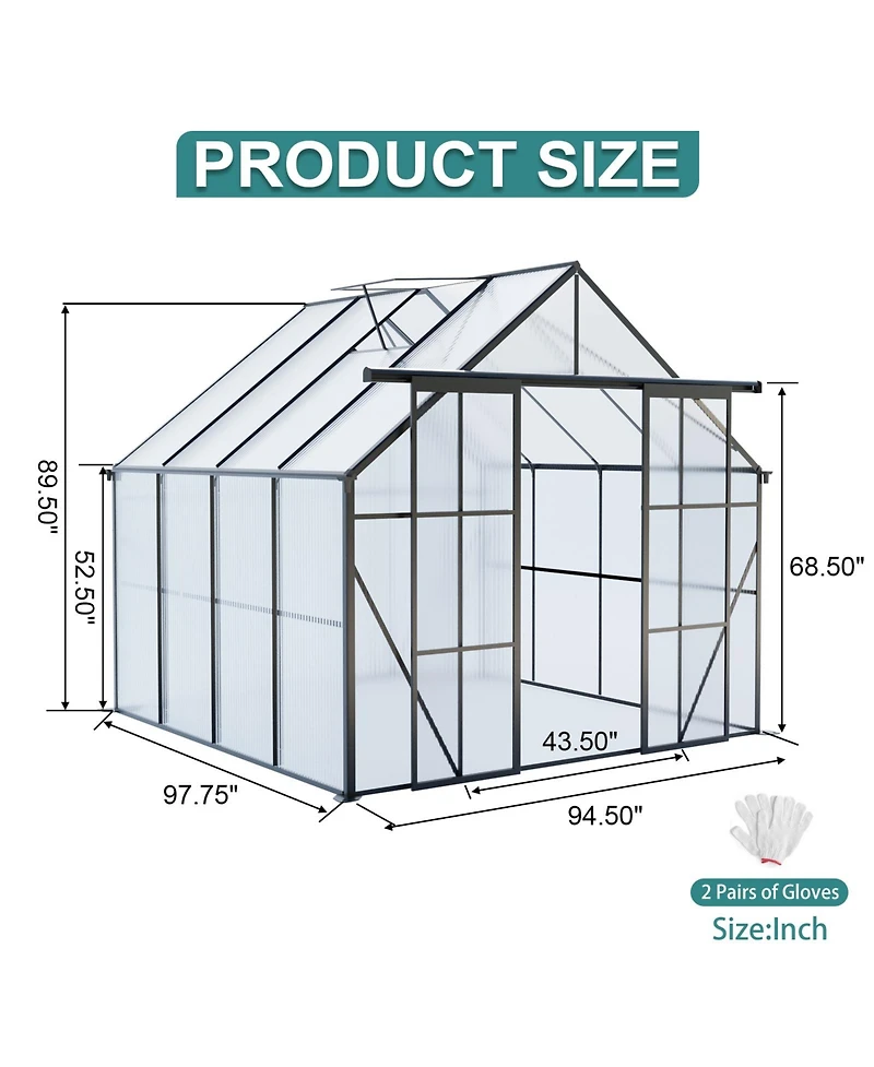 Mondawe 8x8FT Aluminum Double Door Polycarbonate Greenhouse with Raised Base and Anchor