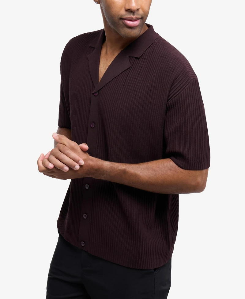 Xray Men's Short Sleeve Vertical Ottoman Camp Collar Button Down Sweater Polo