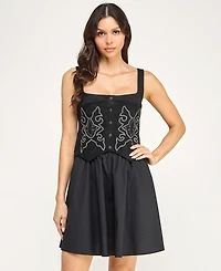 Seni & Cade Juniors' Square Neck Embroidered Vest Lace Up Back With Short Skirt