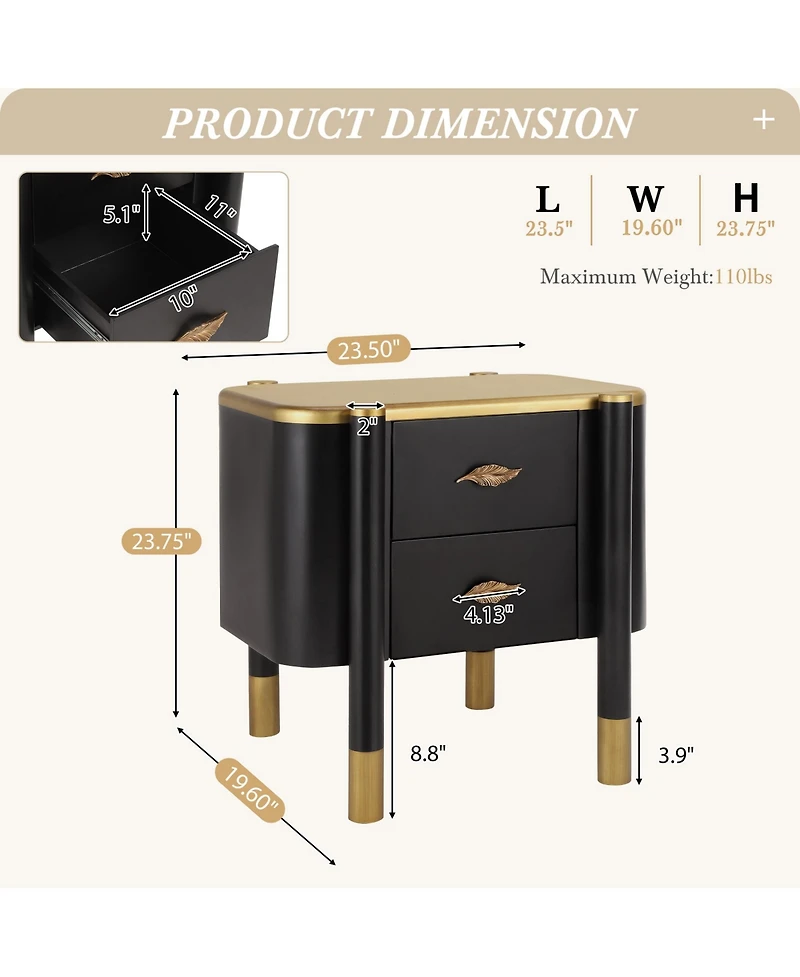Rainsken 2 Drawers Nightstand with Curved Profile Design, Bedside Table with Metal Feather-Shaped Handles