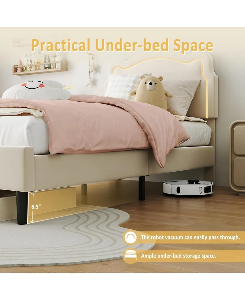 gaomon Twin Bed Frame with Smart Led Lights and Bear-Shapped Upholstered Headboard,Velvet Princess Platform