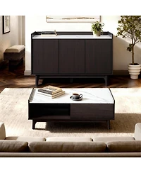 LuxenHome Modi Wenge Coffee Table with 1 Door, Open Storage & Raised Sides, Faux Marble Top, Manufactured Wood