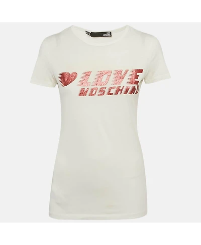 Pre-Owned Love Moschino Women's White Glitter Logo Printed Cotton Knit T-Shirt