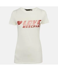 Pre-Owned Love Moschino Women's White Glitter Logo Printed Cotton Knit T-Shirt