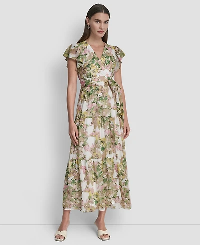 Dkny Women's V-Neck Tiered Long Dress