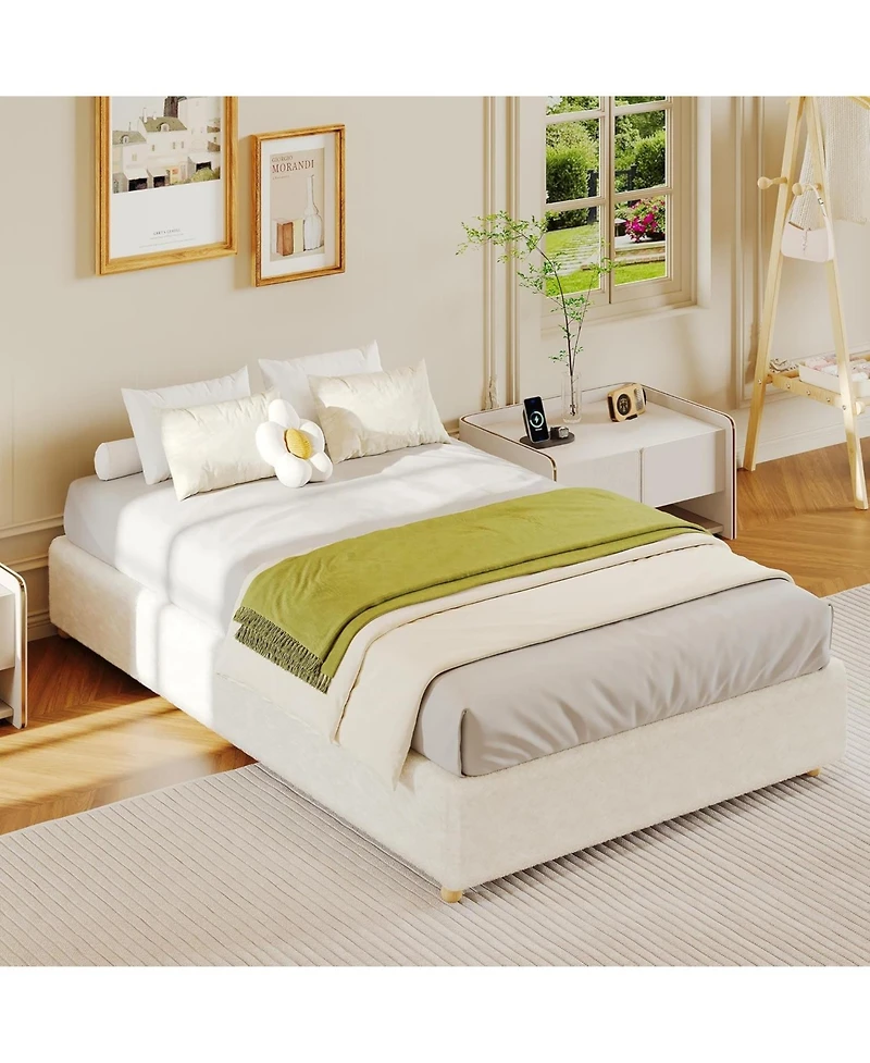 Gaomon Full Cloud Bed Frame – Corduroy Upholstered Low Platform, Solid Wood Legs, No Headboard