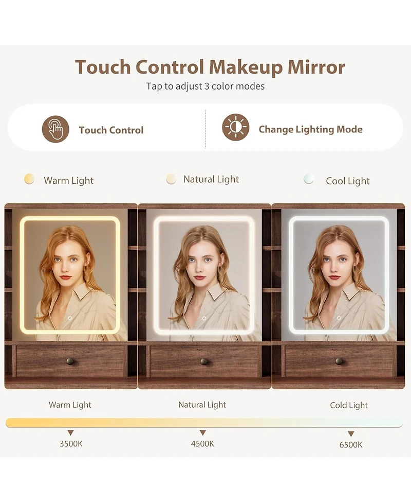 Gaomon 47 Inch Wide 8 Shelves Makeup Vanity Desk and Chair comes Mirror and Lights for Bedrooms, Apartments, Easy to Assemble