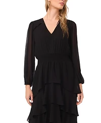 Vince Camuto Women's V-Neck Smocked Waist Tiered Dress