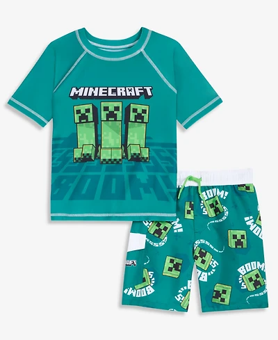 Minecraft Boys' 4-7 Rashguard & Swim Trunks, 2-Piece Set