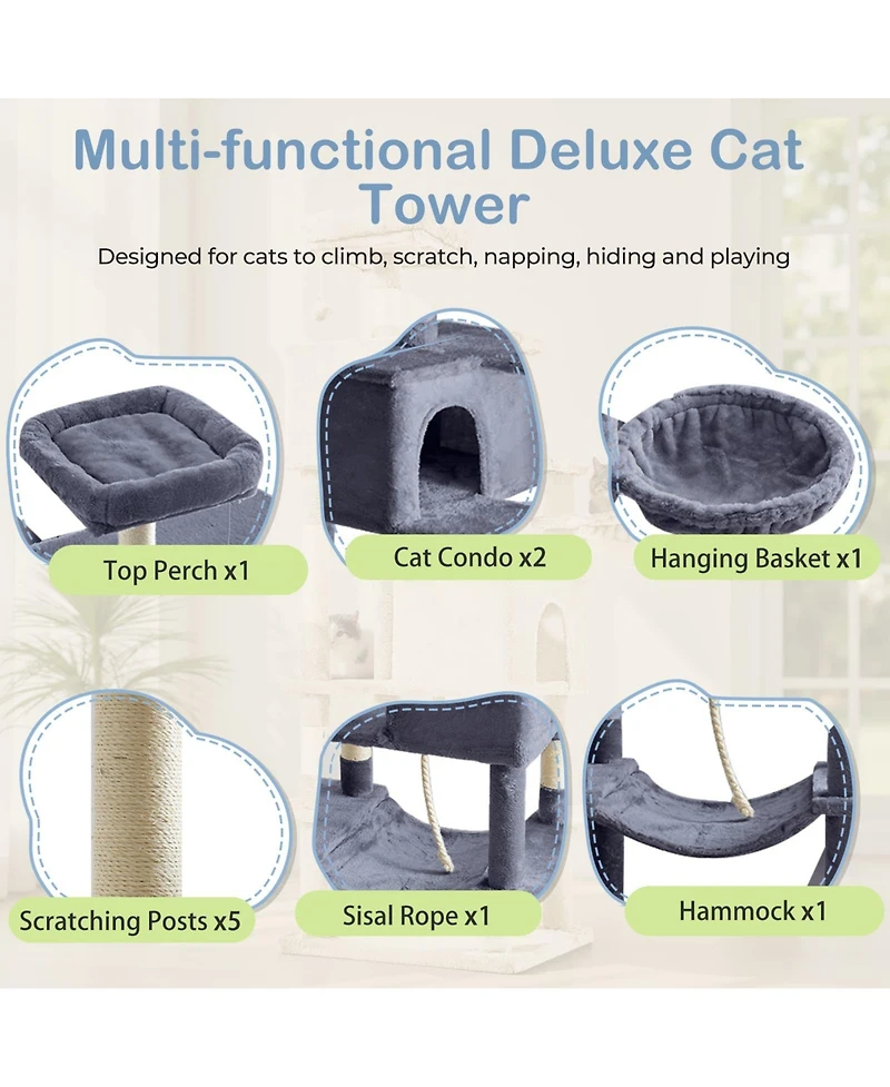 Zeus & Ruta 66in Cat Tree Tower: Large Multi-Cat Climbing, Extended Platform, Hammock, Pet House