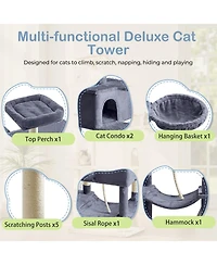Zeus & Ruta 66in Cat Tree Tower: Large Multi-Cat Climbing, Extended Platform, Hammock, Pet House