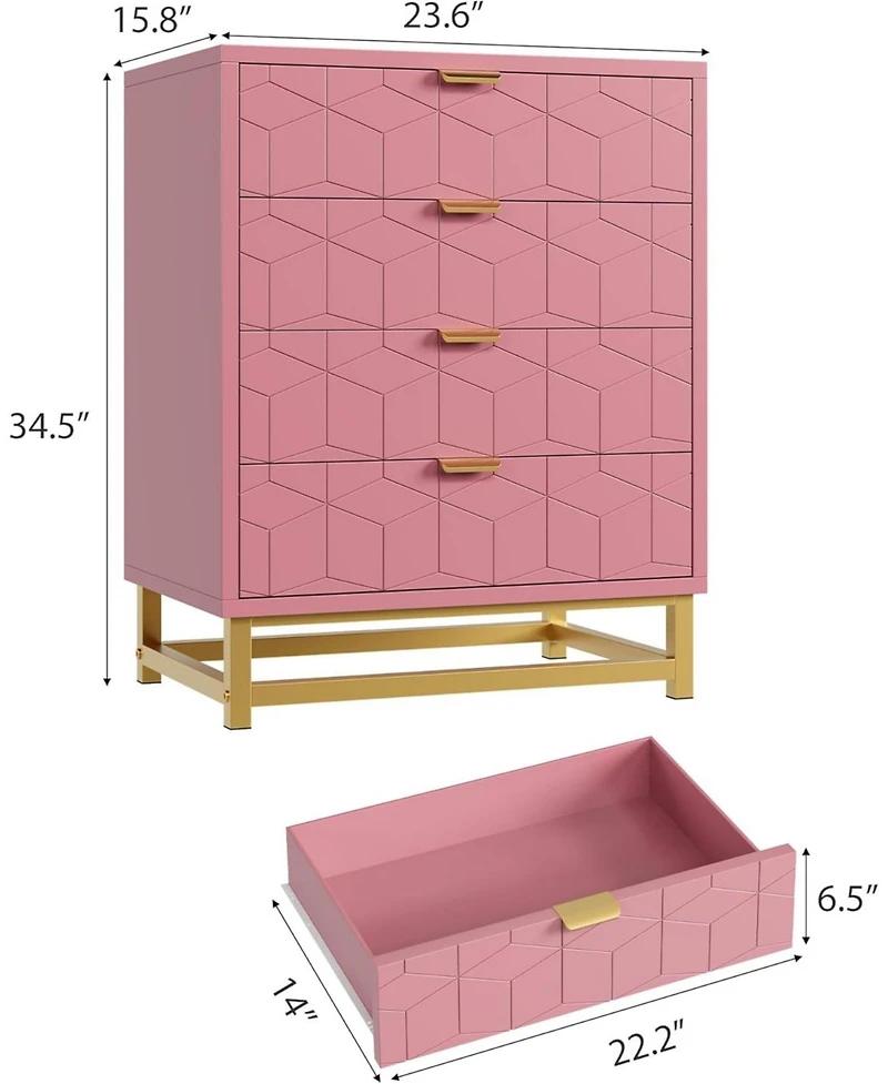 gaomon Dresser for Bedroom, 4 Drawer Pink Wooden Dresser with Gold Handles, Modern Storage Dressers & Chests of Drawers for Hallway,