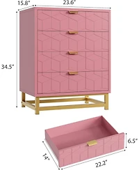 gaomon Dresser for Bedroom, 4 Drawer Pink Wooden Dresser with Gold Handles, Modern Storage Dressers & Chests of Drawers for Hallway,