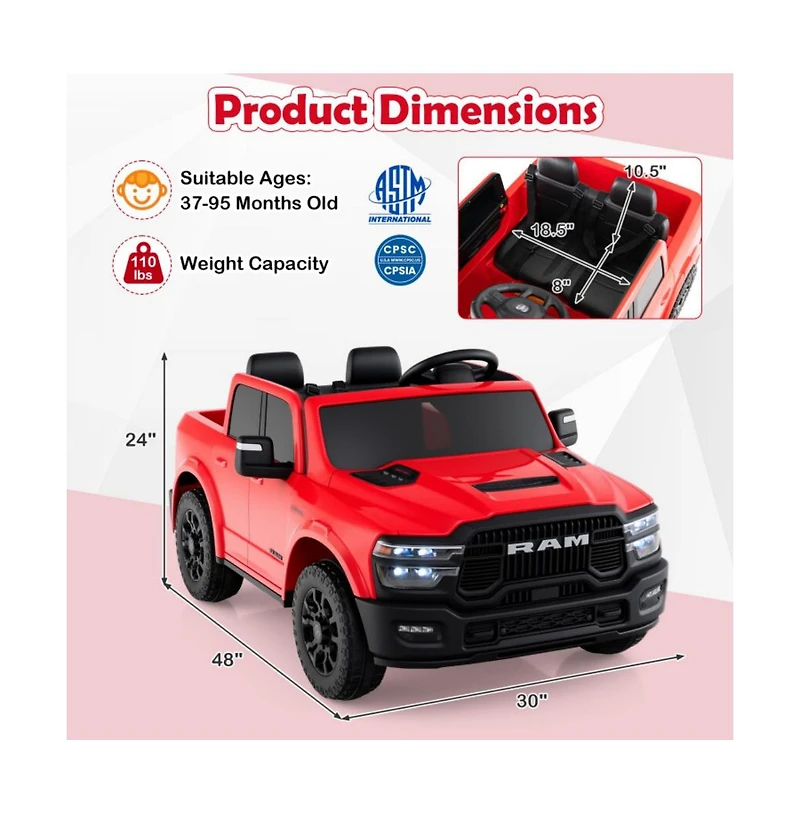 Hongge Two Seater Ride On Truck for Kids with Remote Control Storage Bed and Safety Belts