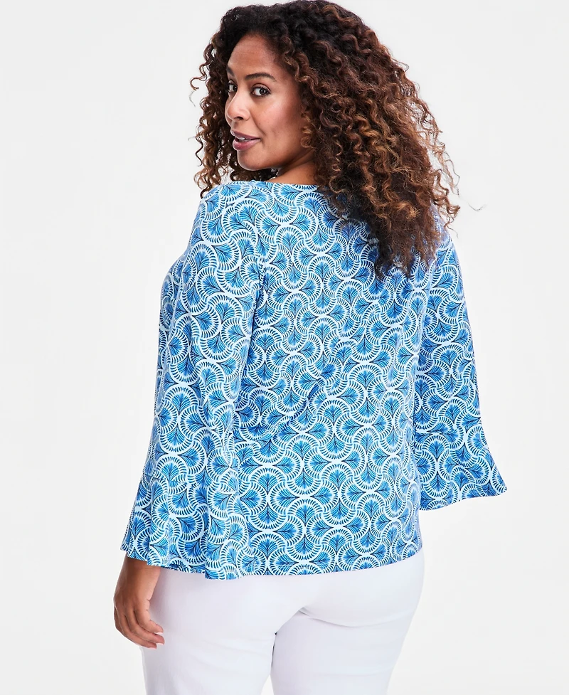 Jm Collection Plus Winding Leaves Flare Sleeve Boat Neck Top