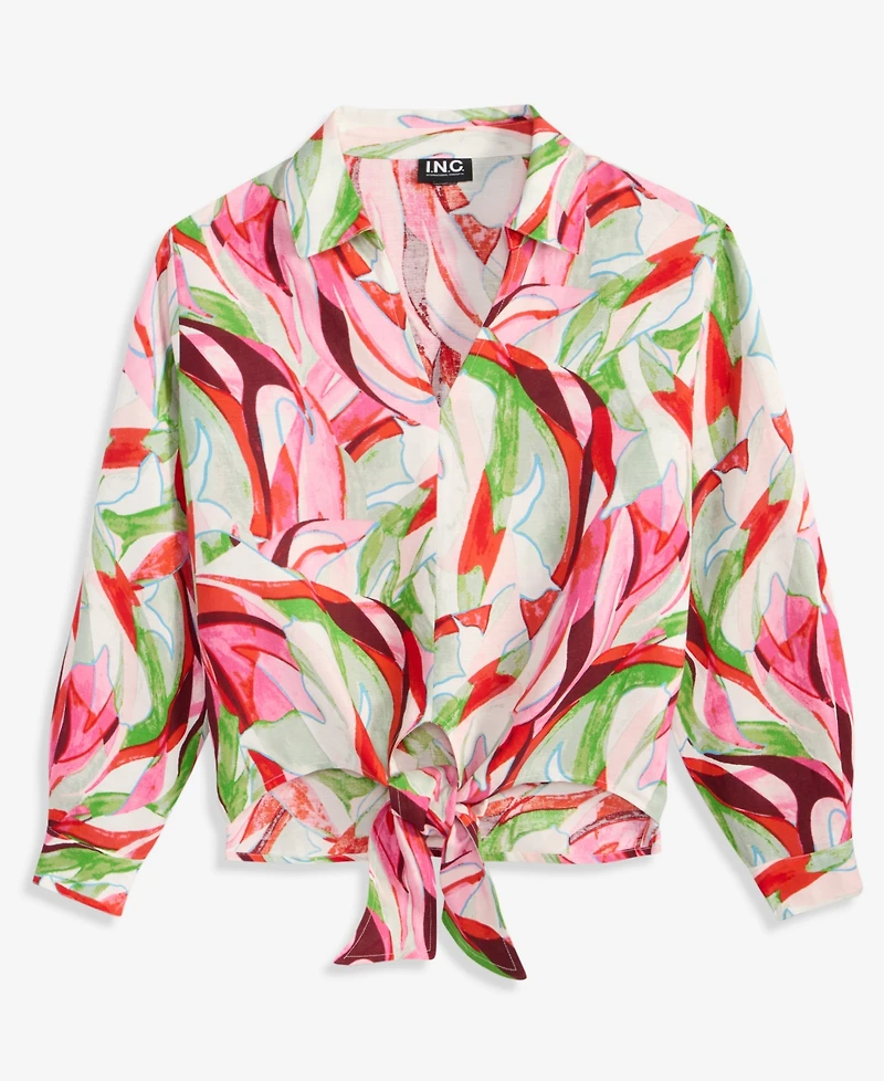 I.n.c. International Concepts Petite Printed Long-Sleeve Tie-Front Blouse, Created for Macy's