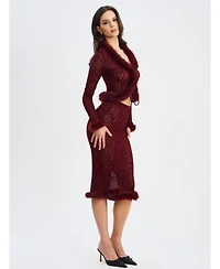 Miss Circle Women's Hali Burgundy Animal Print Burnout Velvet Fur Trim Top