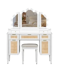 Streamdale Furniture Makeup Vanity Desk with 13 Hollywood Bulbs, 3 Lighting Modes, Tri-Fold Mirror, 5 Drawers