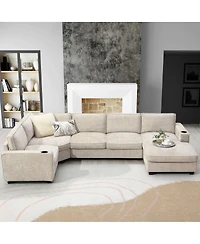 Streamdale Furniture U-Shaped Sectional Sofa, 6 Seat Chenille Corner Couch with Cup Holders & Chaise