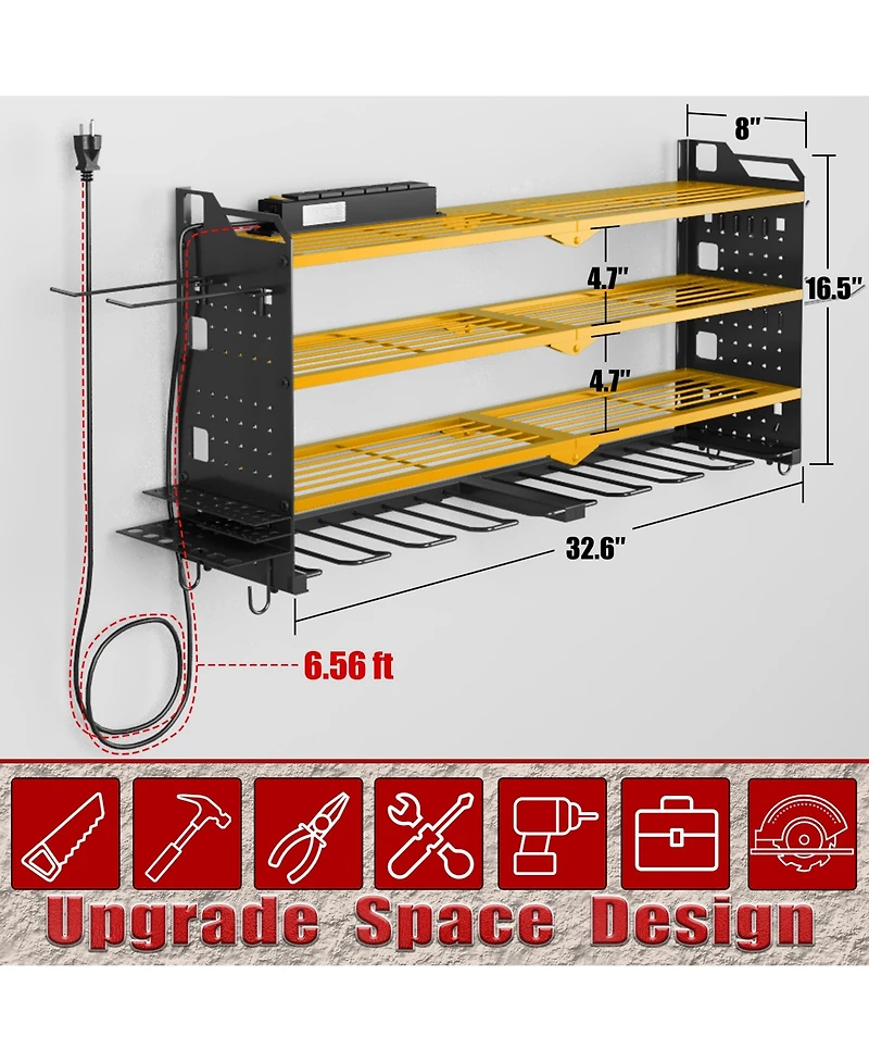 Hausource 32" Wall Mount Tool Organizer 4 Layers Garage Storage Racks with 8 Drill Holders, Power Adapter for Home Organization