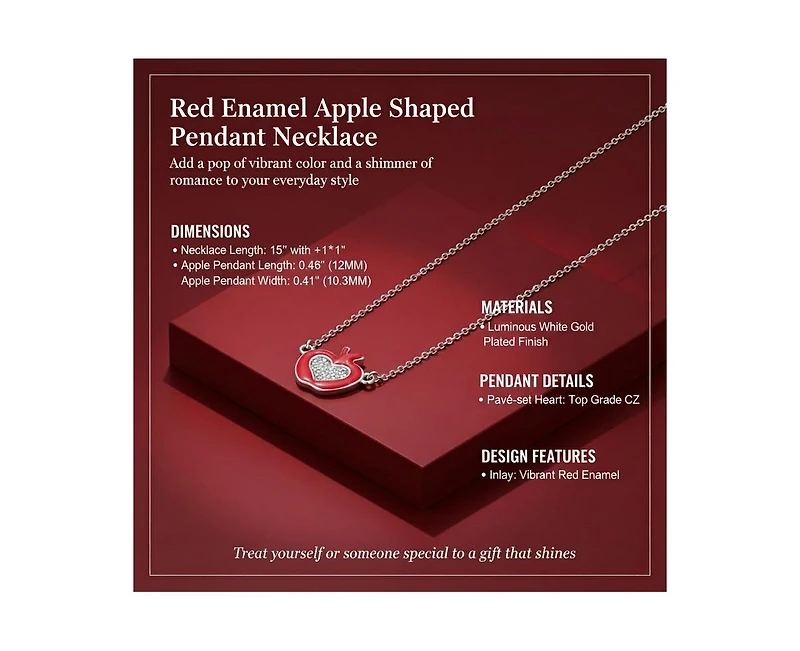 Rachel Glauber Whimsical Red Enamel Apple Shape Necklace in White Gold Plated