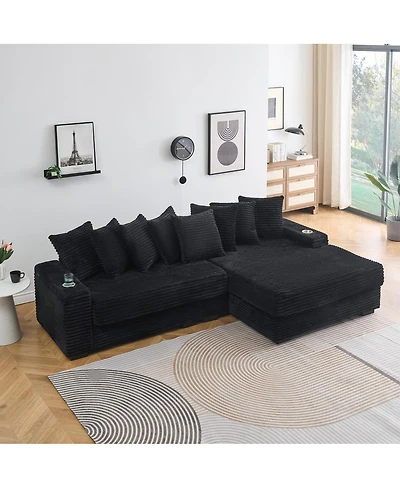 Streamdale Furniture corduroy sofa with cup holder, storage, and reversible recliner.