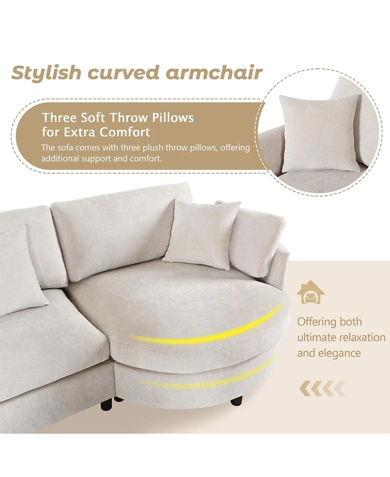 Streamdale Furniture 105" Chenille 3-Piece Sectional Sofa w/ Curved Chaise & 3 Pillows