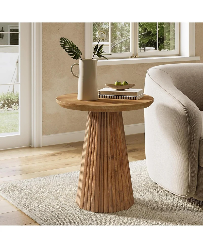 Tribesigns Solid Wood End Table Set of 2, 19" Small Round Pedestal Side Table with Fluted Base, Farmhouse Bedside Table for Living Room, Small Sp