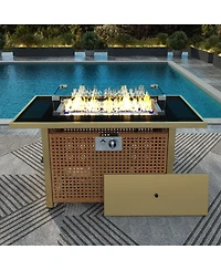Flynama K&K 43 Inch Propane Gas Fire Pit Table 60000 Btu Rectangular Open Weave Wicker with Glass Wind Guard for Patio Garden