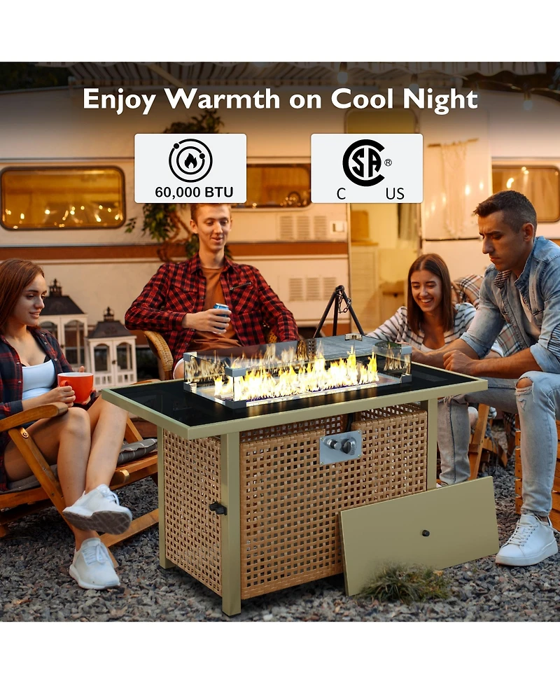 Flynama K&K 43 Inch Propane Gas Fire Pit Table 60000 Btu Rectangular Open Weave Wicker with Glass Wind Guard for Patio Garden