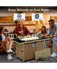 Flynama K&K 43 Inch Propane Gas Fire Pit Table 60000 Btu Rectangular Open Weave Wicker with Glass Wind Guard for Patio Garden
