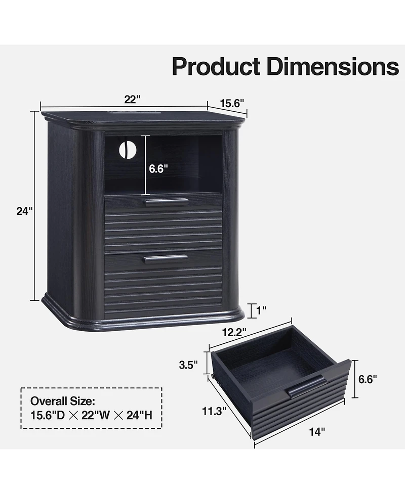 Rainsken 22" Fluted Nightstand with Charging Station, Modern Bedside Table with 2 Drawers and Open Storage for Living Room, Bedroom
