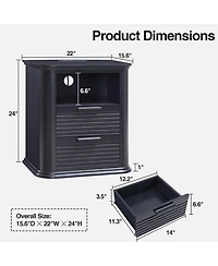 Rainsken 22" Fluted Nightstand with Charging Station, Modern Bedside Table with 2 Drawers and Open Storage for Living Room, Bedroom