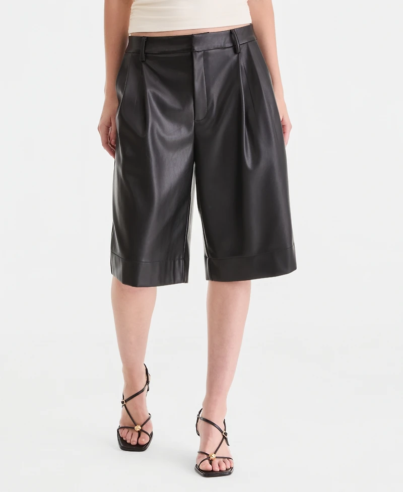 Bar Iii Women's Faux-Leather Pleated Bermuda Shorts, Macy's Exclusive