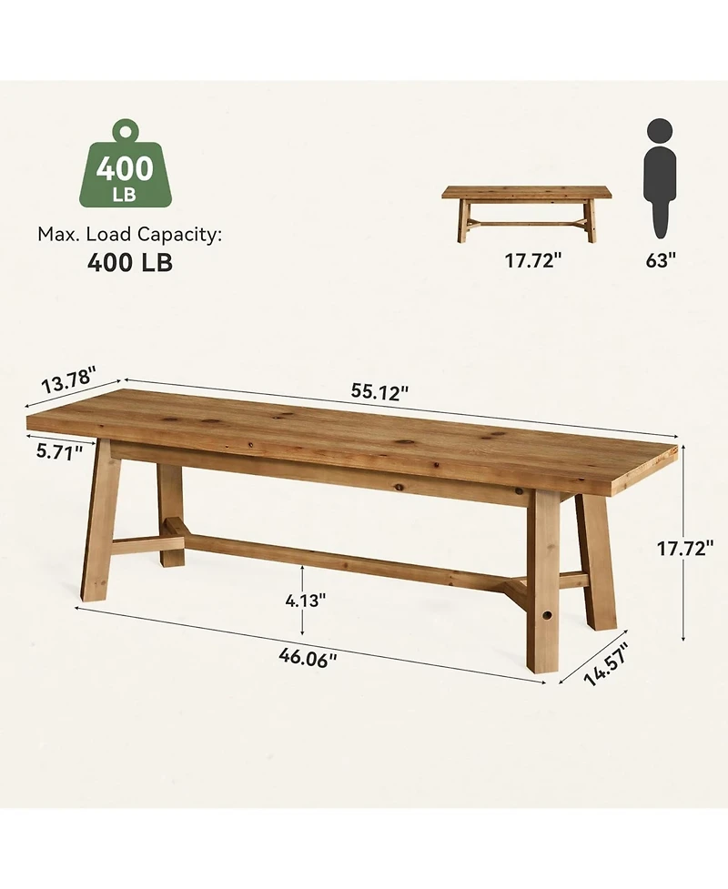 Tribesigns 55.12-Inch Solid Wood Dining Bench, Farmhouse Long Kitchen Bench with Strengthened Legs for Dining Room, Kitchen, Restaurant, Natural Brown