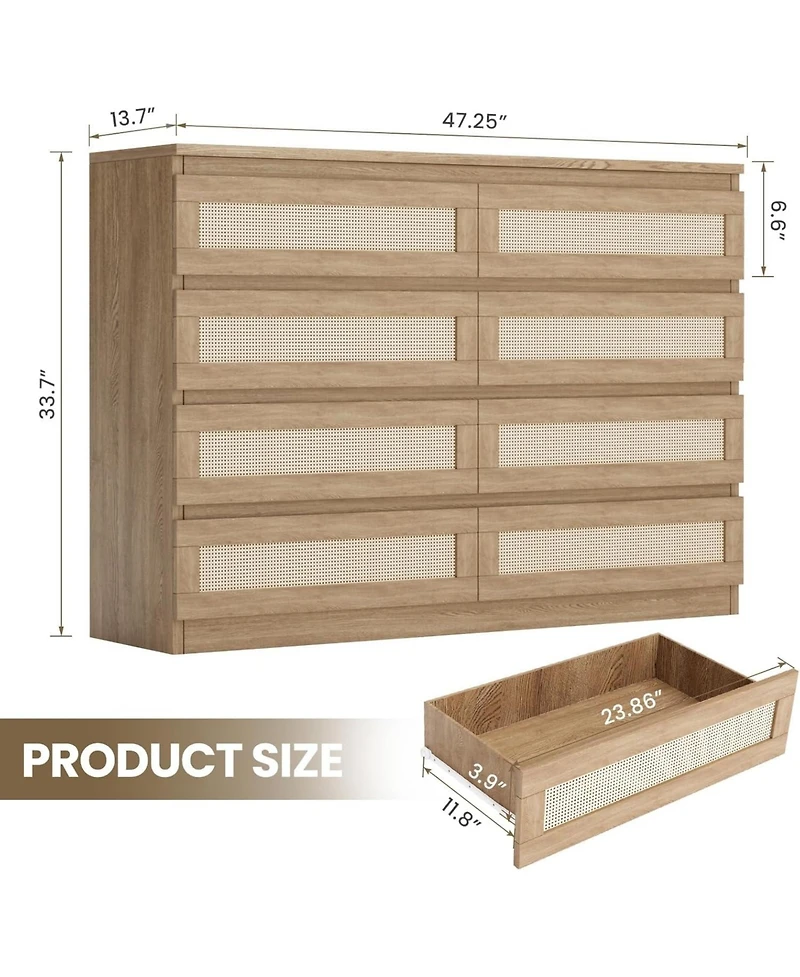 gaomon Rattan Dresser for Bedroom with 8 Drawers, 47'' Wide Chest of Oak Furniture Large Storage Tower Unit, Closet Store Organizer